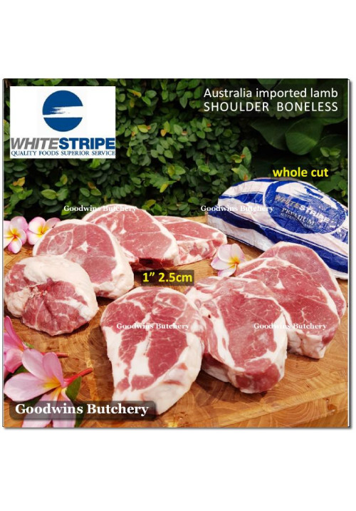Lamb collar SHOULDER BONELESS frozen Australia WHITESTRIPE steak cuts 2.5cm 1" (price/pack 600g 2-3pcs)